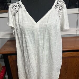 Max Studio White V-Neck Crochet Shoulder Plus Size Top